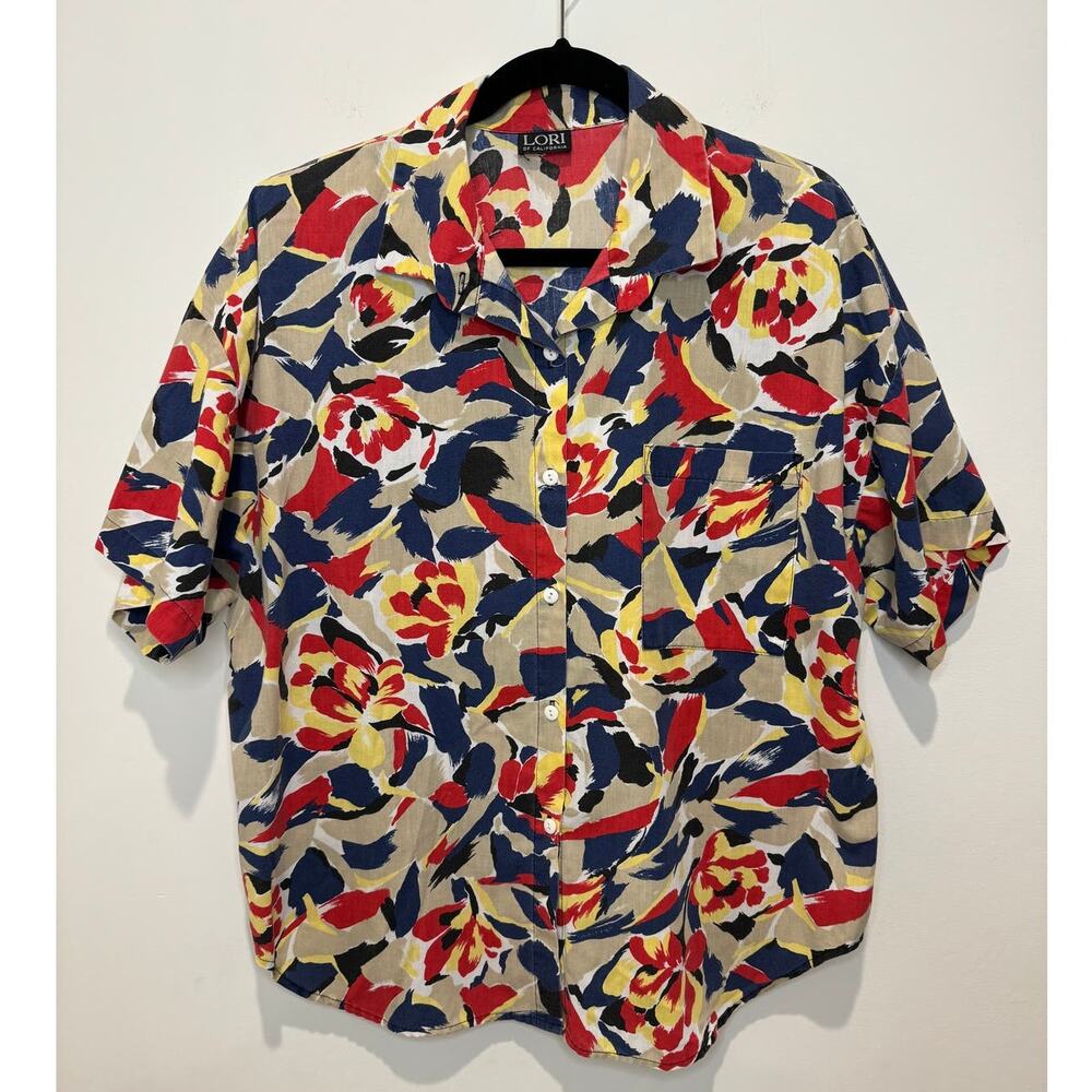 Vintage Lori of California Women's Tropical Floral Abstract Artsy Boxy Shirt